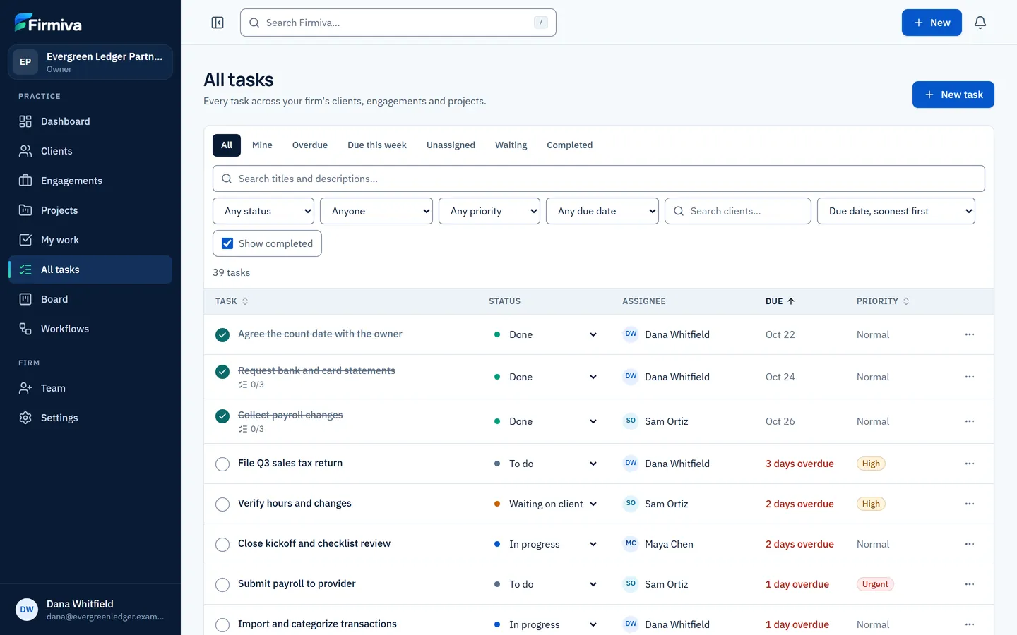All tasks with sample data: views, filters and a table of the firm's tasks with status, assignee, client and due date.