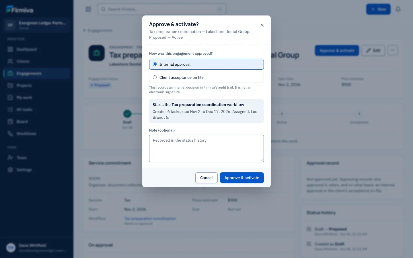 The Approve and activate dialog with sample data: internal approval or client acceptance on file, a summary of the six tasks the workflow will create with their dates and assignee, and an optional note.