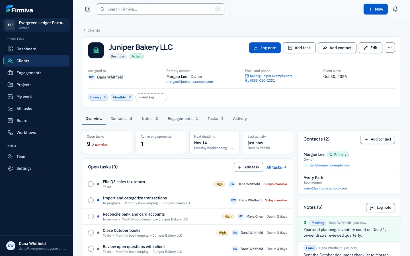 A client workspace for Juniper Bakery LLC with sample data: status, owner, primary contact, tags, open tasks, contacts and pinned notes.