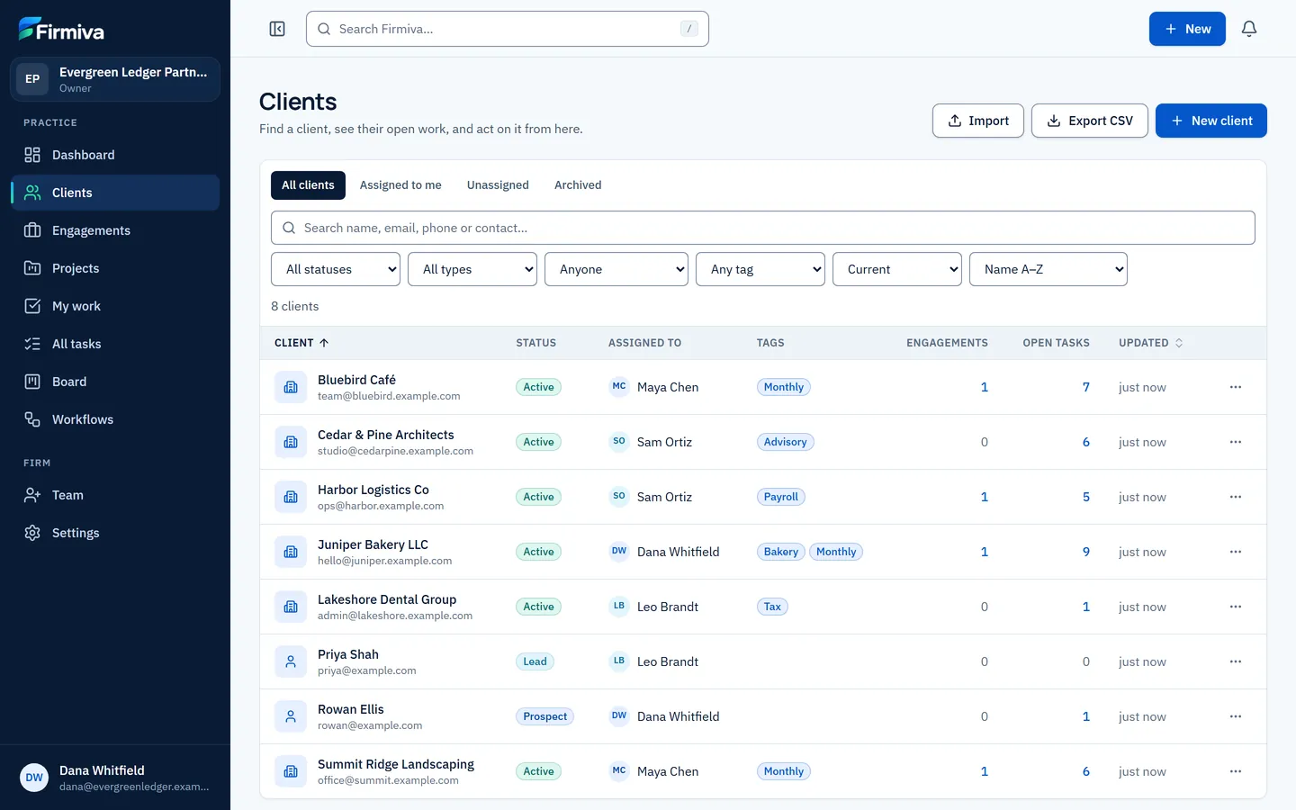 The clients directory with sample data: search, filters for status, type, owner and tag, and a table of clients with their status, owner, tags, engagements and open tasks.