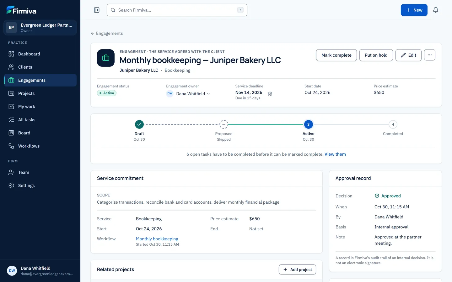 An active monthly bookkeeping engagement with sample data: engagement status, owner and service deadline, the lifecycle from draft to completed, the service commitment and the approval record.