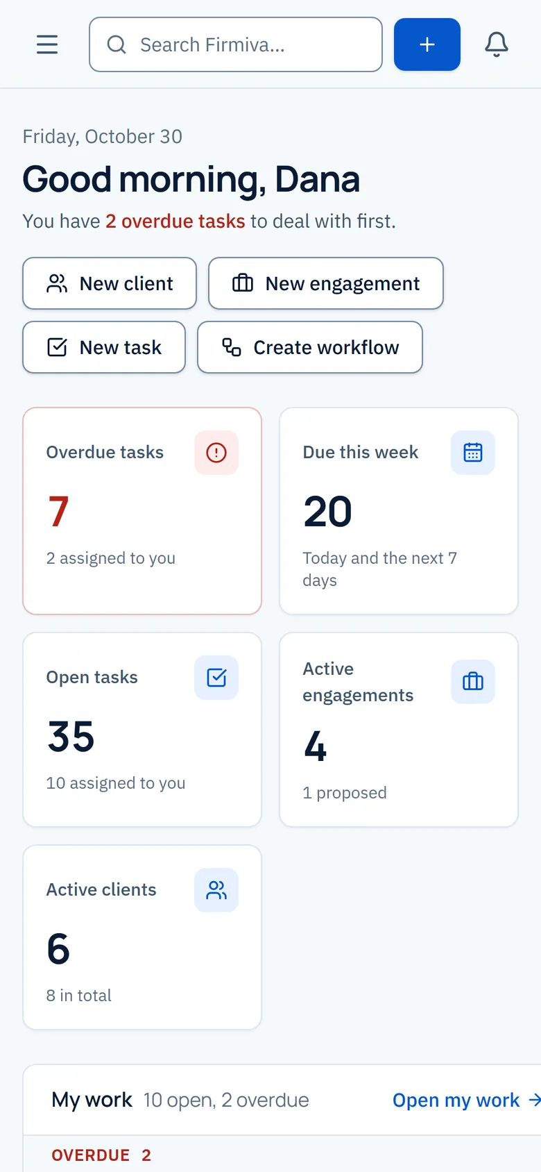 The dashboard on a phone, with sample data.