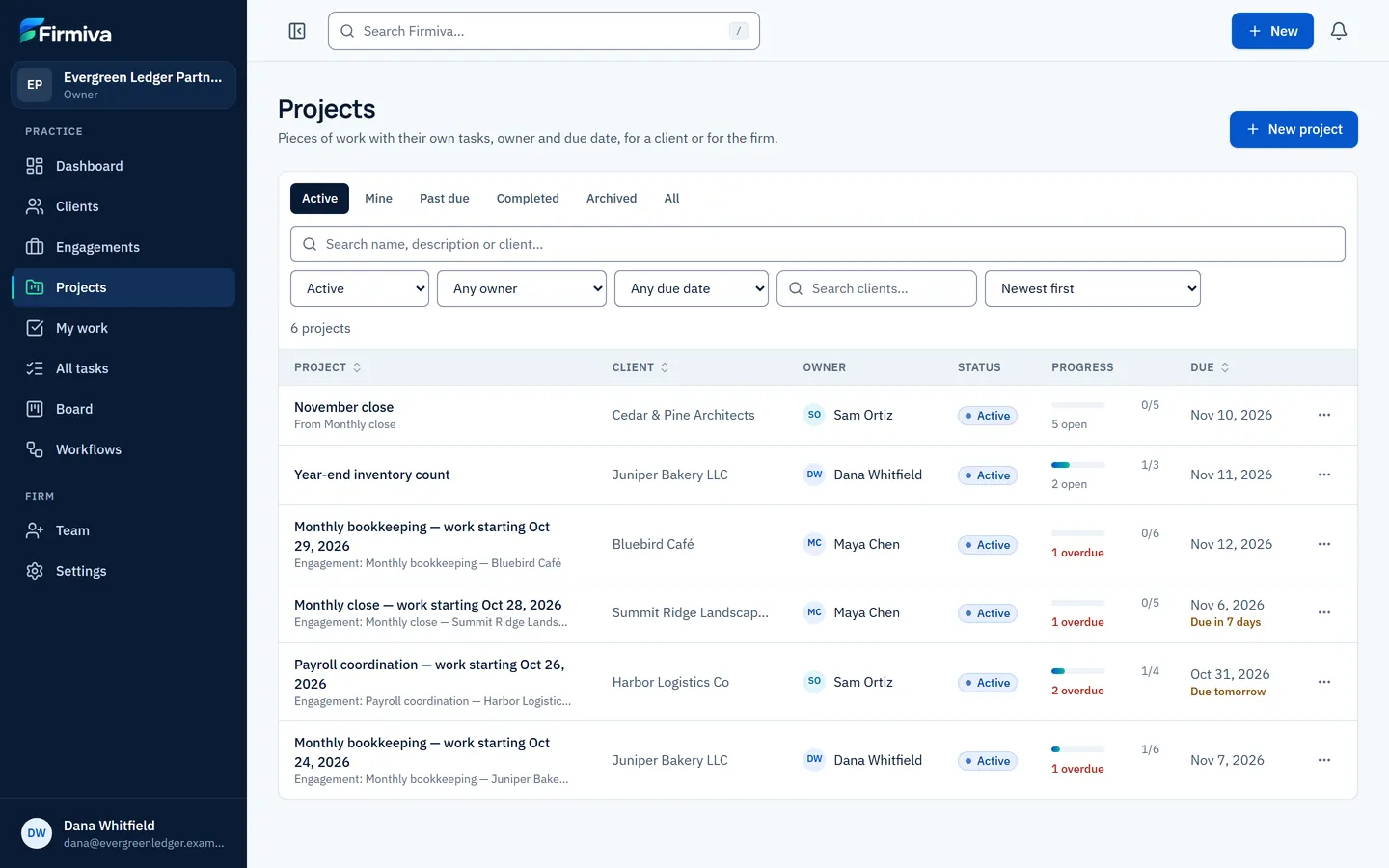 The projects directory with sample data: views, search and filters, and a table of projects with client, owner, status, progress and due date.