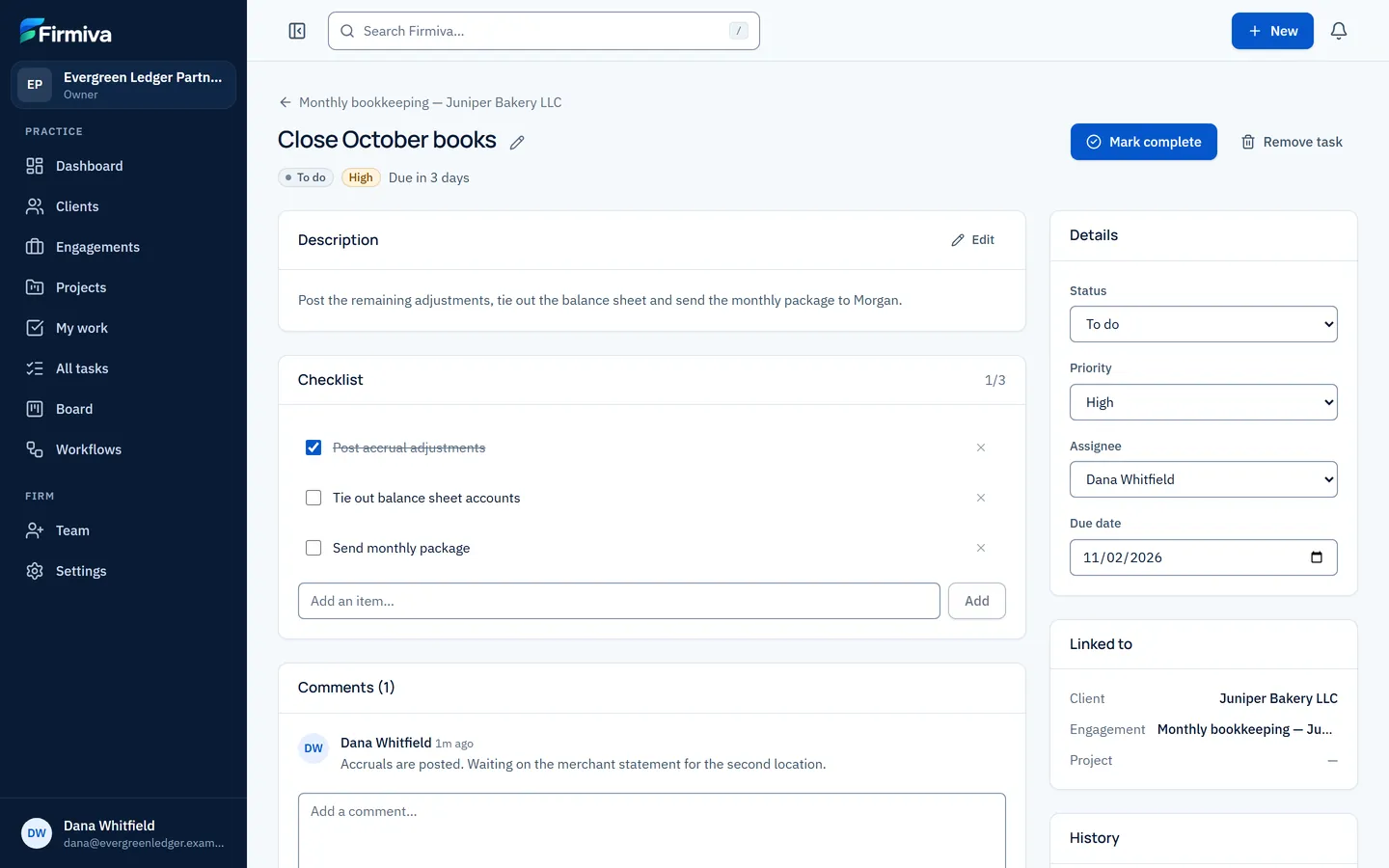 A task page with sample data: its description, a checklist with one item done, a comment, and its details and links.